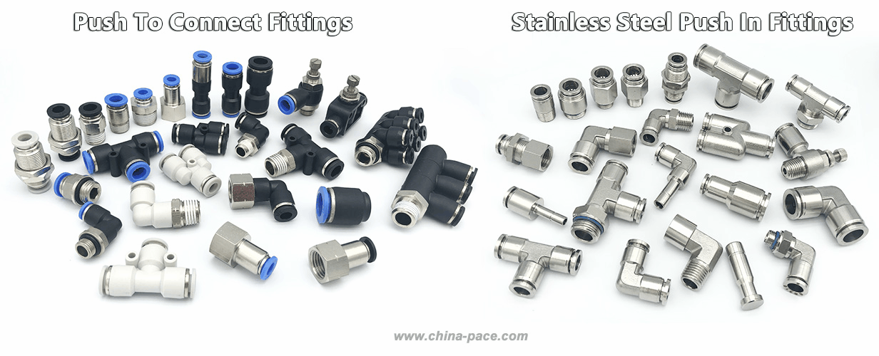 Pneumatic fittings, push in fittings, push to connect fittings, air fittings, push in air fittings