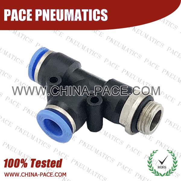 Polymer Push To Connect Fittings Male Run Tee With G Thread, Composite Pneumatic Fittings, Air Fittings, one touch tube fittings, Pneumatic Fitting, Nickel Plated Brass Push in Fittings, pneumatic accessories.