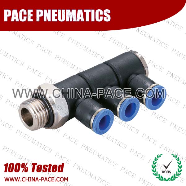 Push In Fittings Triple Universal Banjo Elbow with G thread, Composite Push To Connect Fittings, Polymer Pneumatic Fittings, Air Fittings, one touch tube fittings, Pneumatic Fitting, Nickel Plated Brass Push in Fittings, pneumatic accessories.