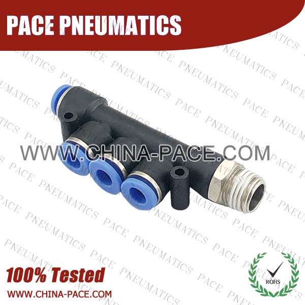 Push In Fittings Male Triple Branch, Pneumatic Push To Connect Fittings, Polymer Air Fittings, one touch tube fittings, Pneumatic Fitting, Nickel Plated Brass Push in Fittings, Pneumatic Fittings, Tube fittings, pneumatic accessories