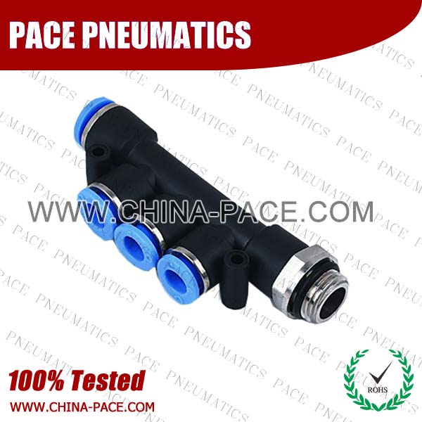 Push In Fittings Male Reducer Triple Branch, Composite Pneumatic Fittings, Polymer Push To Connect Fittings, Plastic Air Fittings, one touch tube fittings, Pneumatic Fitting, Nickel Plated Brass Push in Fittings, pneumatic accessories.