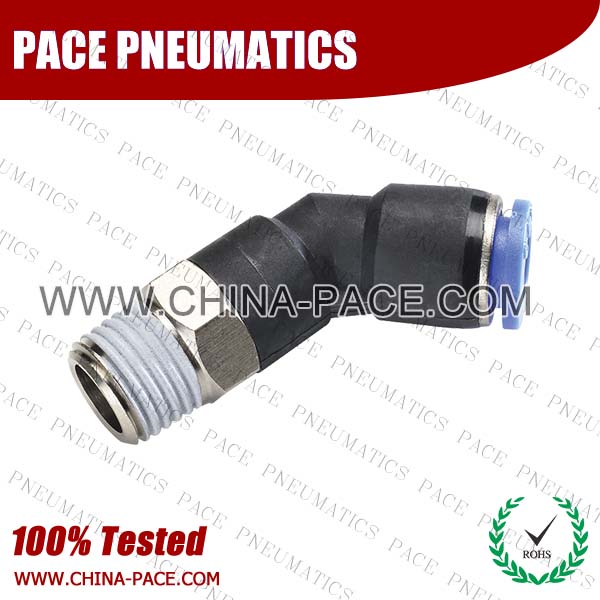 Push To Connect Fittings 45 Degree Male Elbow, Polymer Pneumatic Fittings, Plastic Air Fittings, one touch tube fittings, Pneumatic Fitting, Nickel Plated Brass Push in Fittings, pneumatic accessories.