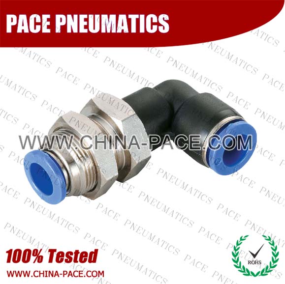 Composite Push In Fittings Union Bulkhead Elbow , Polymer Pneumatic Push To Connect Fittings, Plastic Air Fittings, one touch tube fittings, Pneumatic Fitting, Nickel Plated Brass Push in Fittings, pneumatic accessories.