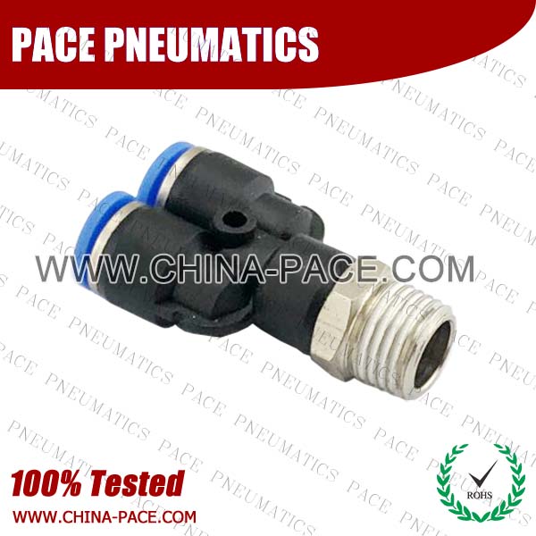Male Y Push In Fittings, Composite Pneumatic Fittings, Polymer Air Fittings, Plastic one touch tube fittings, Pneumatic Fitting, Nickel Plated Brass Push in Fittings, pneumatic accessories.