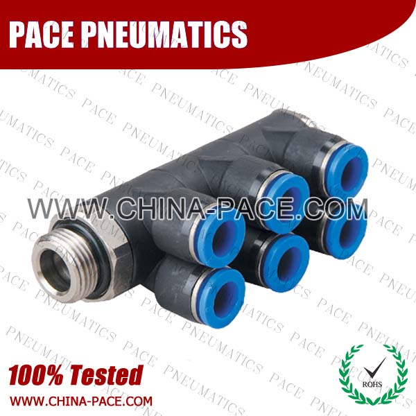 G Thread Triple Branch Universal Male Elbow Polymer Push To Connect Fittings, Composite Pneumatic Fittings, Plastic Air Fittings, one touch tube fittings, Pneumatic Fitting, Nickel Plated Brass Push in Fittings, pneumatic accessories.