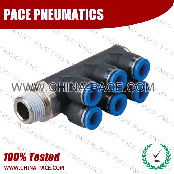 Triple Branch Universal Male Elbow Polymer Push To Connect Fittings, Composite Pneumatic Fittings, Plastic Air Fittings, one touch tube fittings, Pneumatic Fitting, Nickel Plated Brass Push in Fittings, pneumatic accessories.